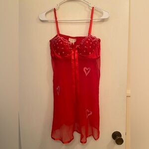 Vintage Red Sheer Heart Embroidered Lingerie - Size Medium